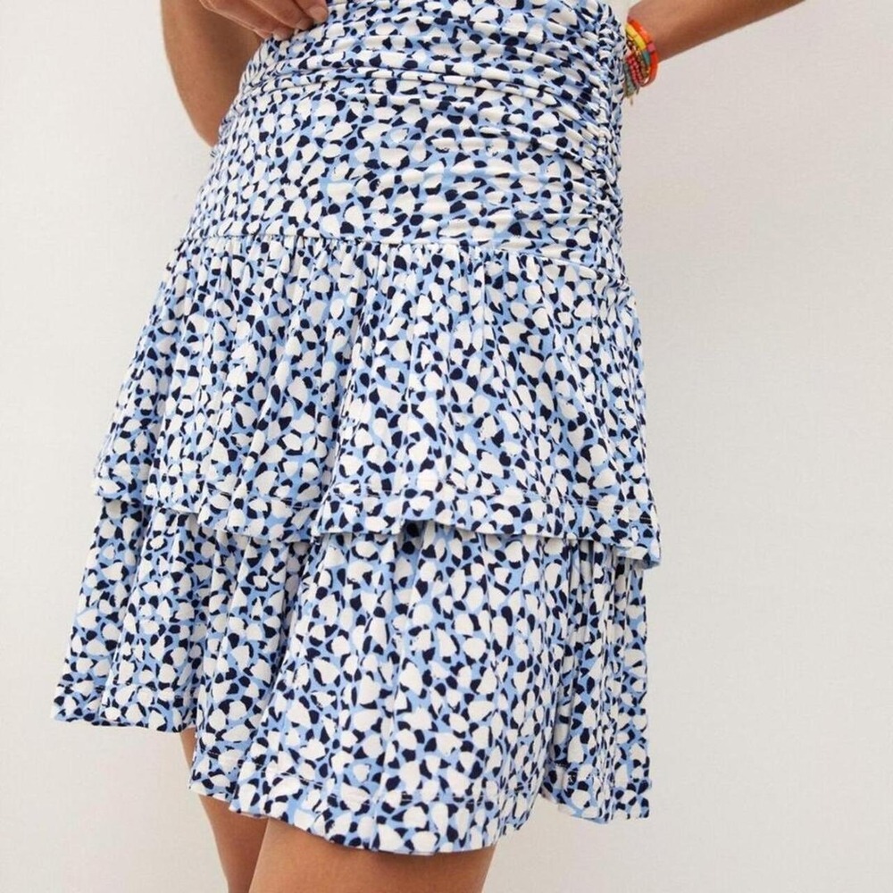 Anthropologie Maeve Charla Tiered Mini Skirt LARGE Blue White Dot Print, Girly
